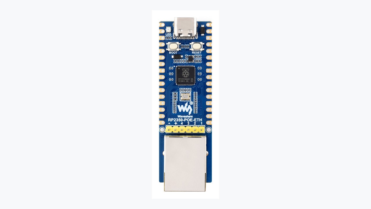 Frontansicht des Waveshare RP2350-POE-ETH mit USB-C, RP2350A und RJ45-Ethernet
