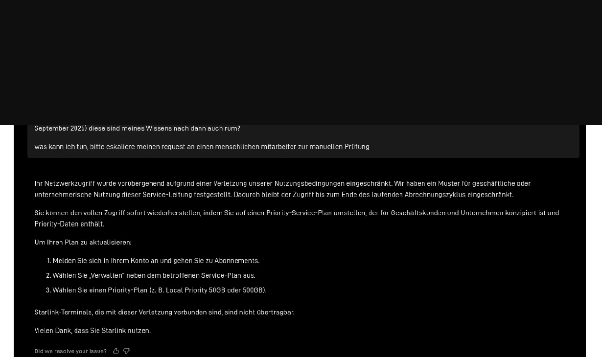 Anonymisierter Starlink-Supportchat: Hinweis auf eingeschränkten Zugang und Priority-Plan