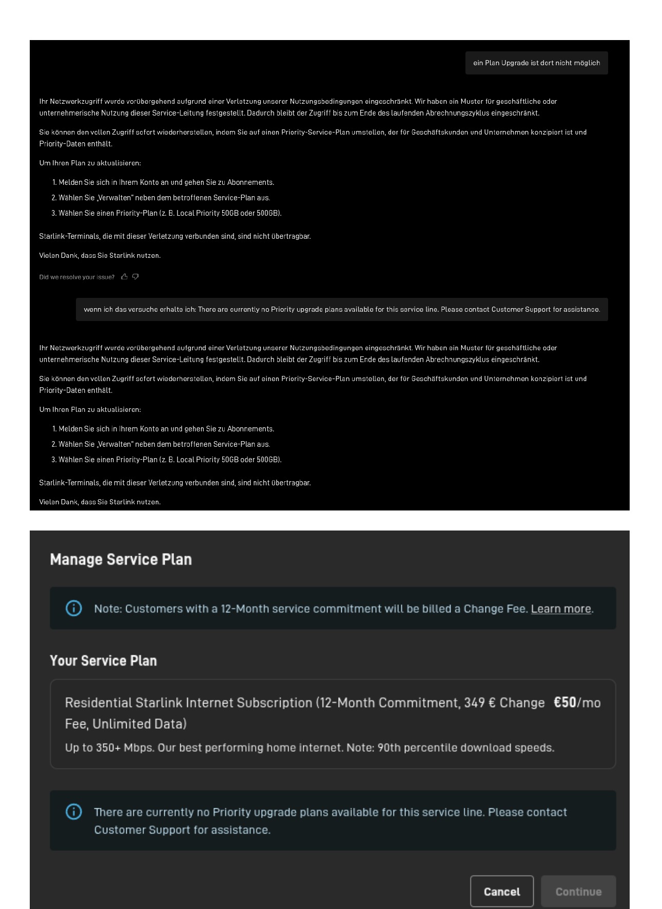 Anonymisierte Starlink-Kontoansicht: Priority-Upgrade wird verlangt, ist aber nicht verfügbar